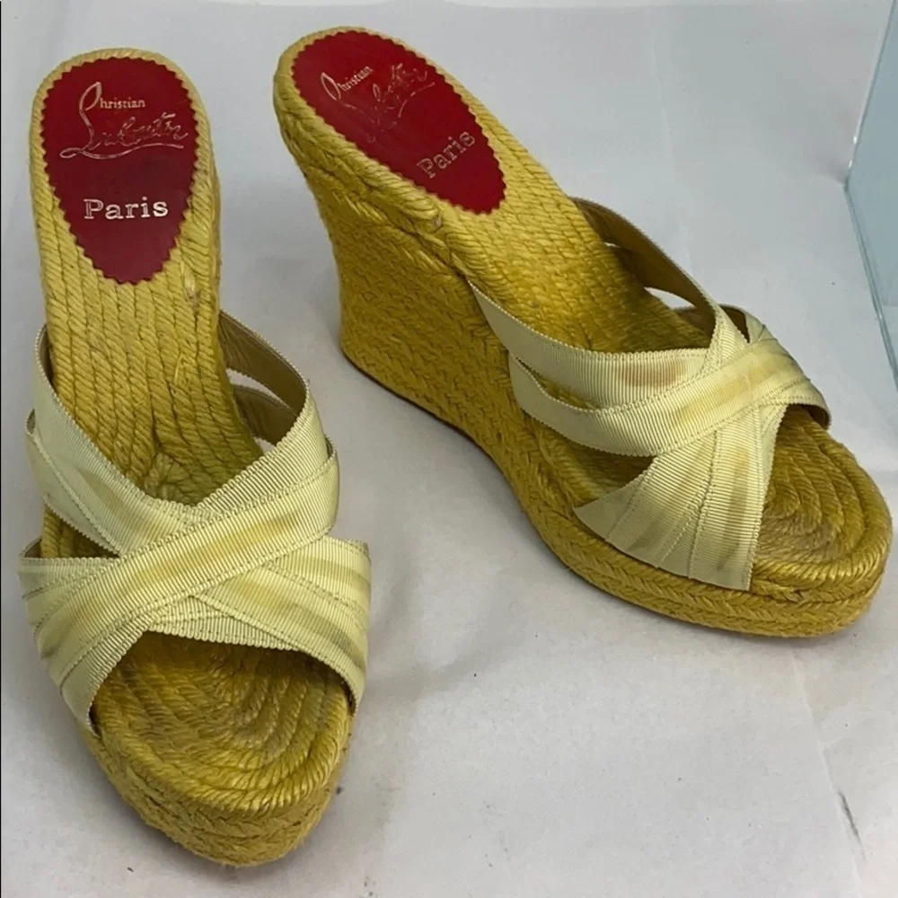 Christian Louboutin Sz 6 Yellow Ribbon Espadrille Wedges Heels Backless Sandals
